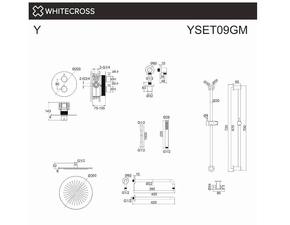 Душевой комплект WHITECROSS Y YSET09GM, С ВНУТРЕННЕЙ ЧАСТЬЮ, оружейная сталь