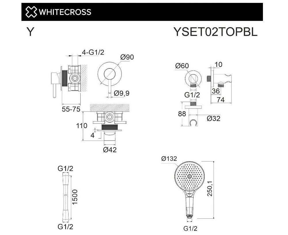 Душевой комплект WHITECROSS Y YSET02TOPBL С ВНУТРЕННЕЙ ЧАСТЬЮ, черный матовый
