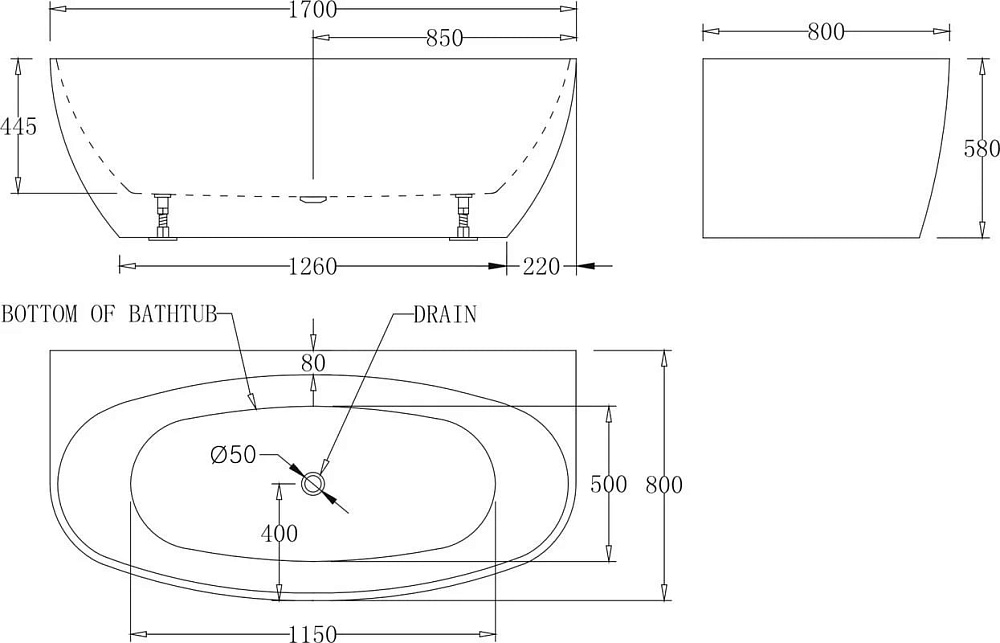 Акриловая ванна BelBagno 170x80 см, BB83-1700-W0