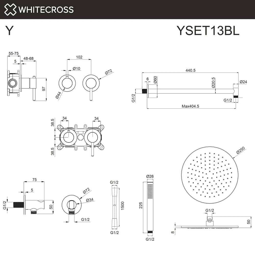 Душевой комплект WHITECROSS Y YSET13BL, С ВНУТРЕННЕЙ ЧАСТЬЮ, черный матовый