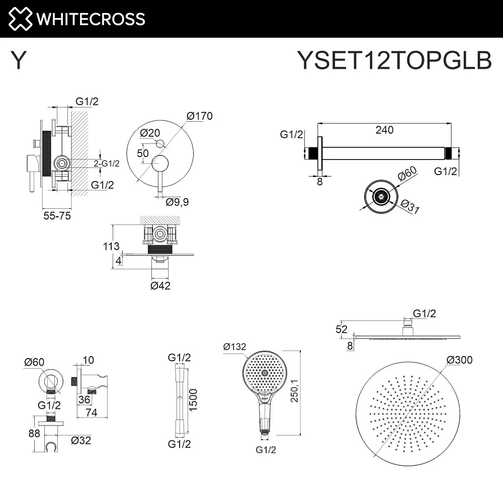 Душевой комплект WHITECROSS Y YSET12TOPGLB, С ВНУТРЕННЕЙ ЧАСТЬЮ, брашированное золото