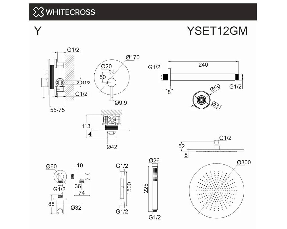 Душевой комплект WHITECROSS Y YSET12GM, С ВНУТРЕННЕЙ ЧАСТЬЮ, оружейная сталь