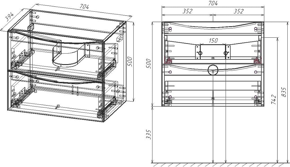 Тумба под раковину без столешницы Vincea Mia Slim 70, подвесная, 2 ящика, бетон