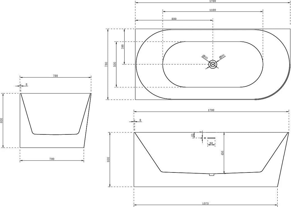 Акриловая ванна Abber 170x80 см, левая, AB9258-1.7 L