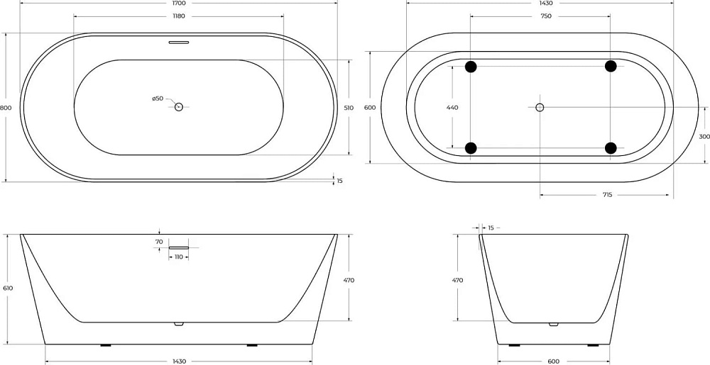 Акриловая ванна BelBagno 170x80 см, BB416