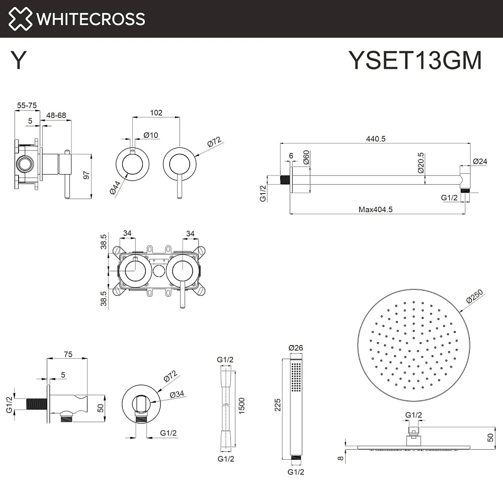 Душевой комплект WHITECROSS Y YSET13GM, С ВНУТРЕННЕЙ ЧАСТЬЮ, оружейная сталь