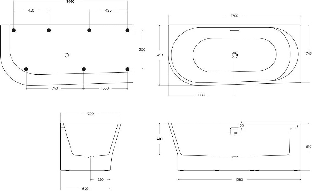 Акриловая ванна BelBagno 170x80 см, правая, BB410-1700-780-R