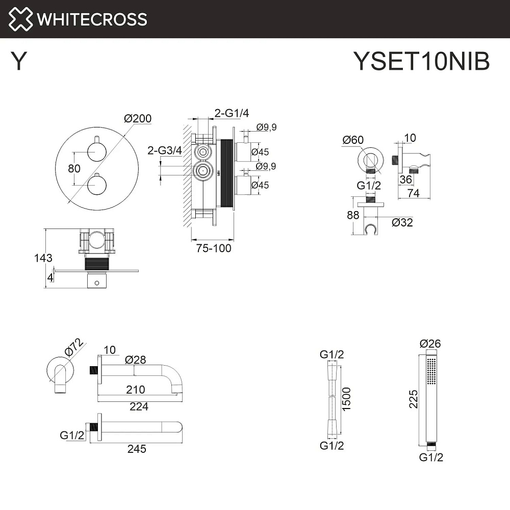 Душевой комплект WHITECROSS Y YSET10NIB, С ВНУТРЕННЕЙ ЧАСТЬЮ, брашированный никель