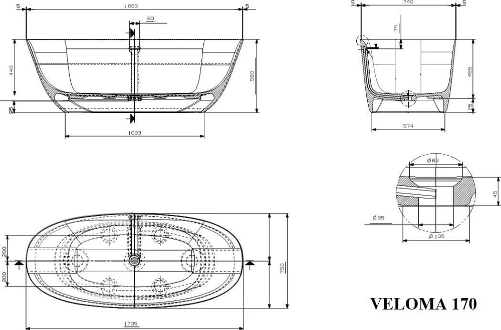 Ванна из искусственного камня Plumberia Selection Veloma 170x75 см, отдельностоящая, матовая белая, 