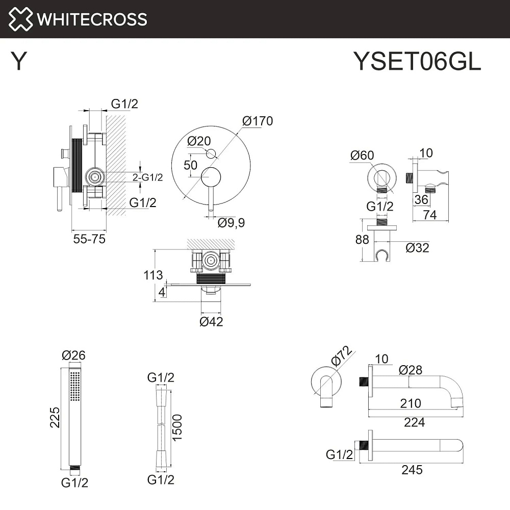 Душевой комплект WHITECROSS Y YSET06GL, С ВНУТРЕННЕЙ ЧАСТЬЮ, золото
