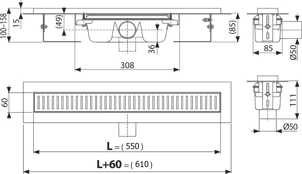 Душевой трап (лоток) AlcaPlast APZ1 SMART-LINE-550 с опорами и решеткой