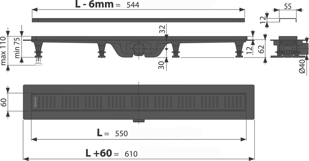 Душевой трап (лоток) AlcaPlast APZ10Black AG101101550, с решеткой и опорами (AG101101550)