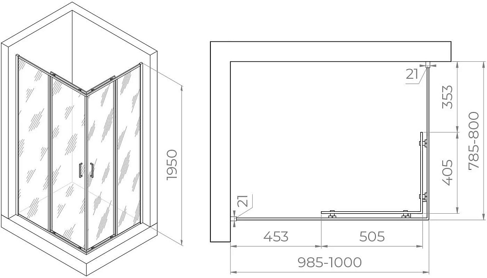Душевой уголок RGW Passage PA-040B 1000x800x1950, профиль черный