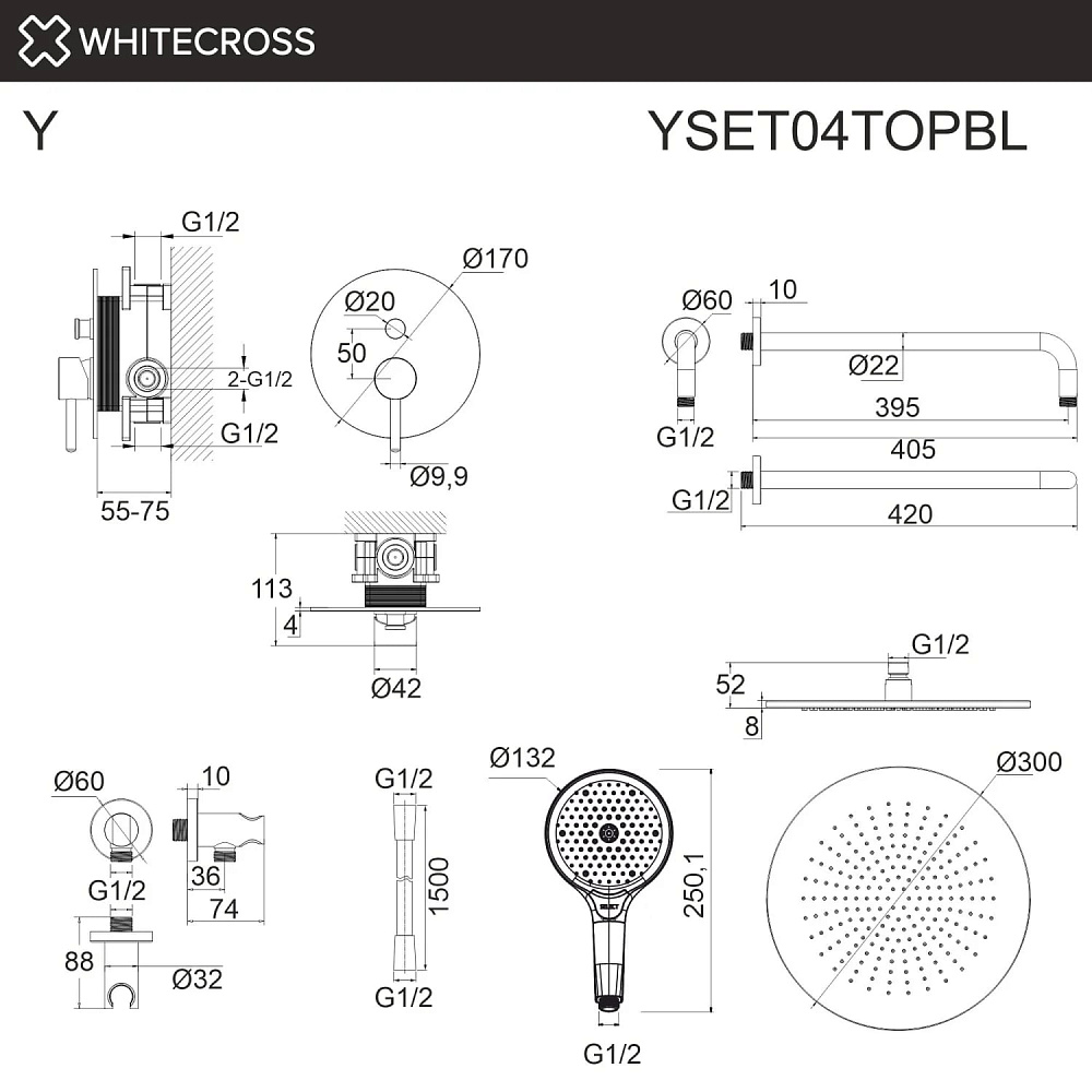 Душевой комплект WHITECROSS Y YSET04TOPBL, С ВНУТРЕННЕЙ ЧАСТЬЮ, черный матовый