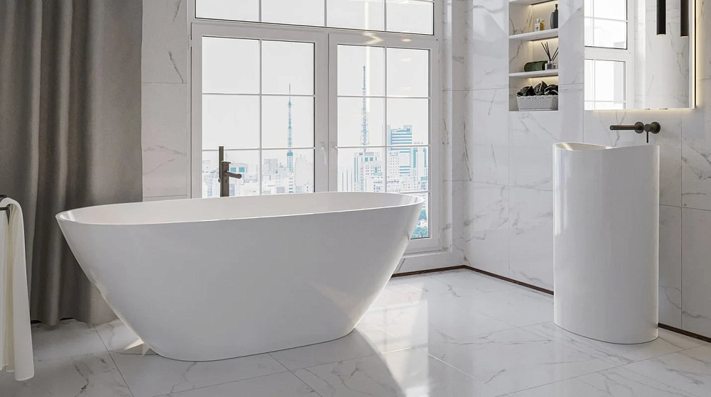 Ванна из искусственного камня WHITECROSS Onyx D 160x75 см, отдельностоящая, белая, овальная, с донны