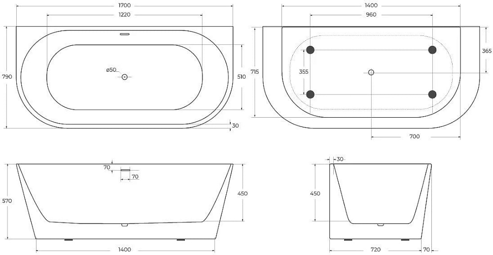 Акриловая ванна BelBagno 170x80 см, BB710-1700-800