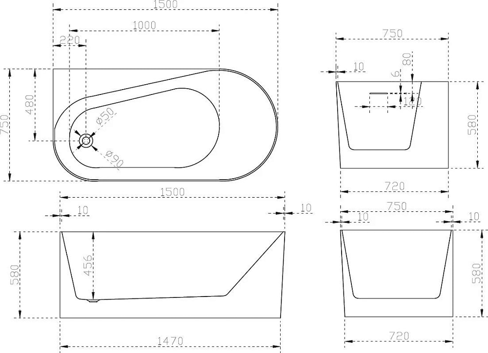 Акриловая ванна Abber 150x75 см, левая, AB9496-1.5 L