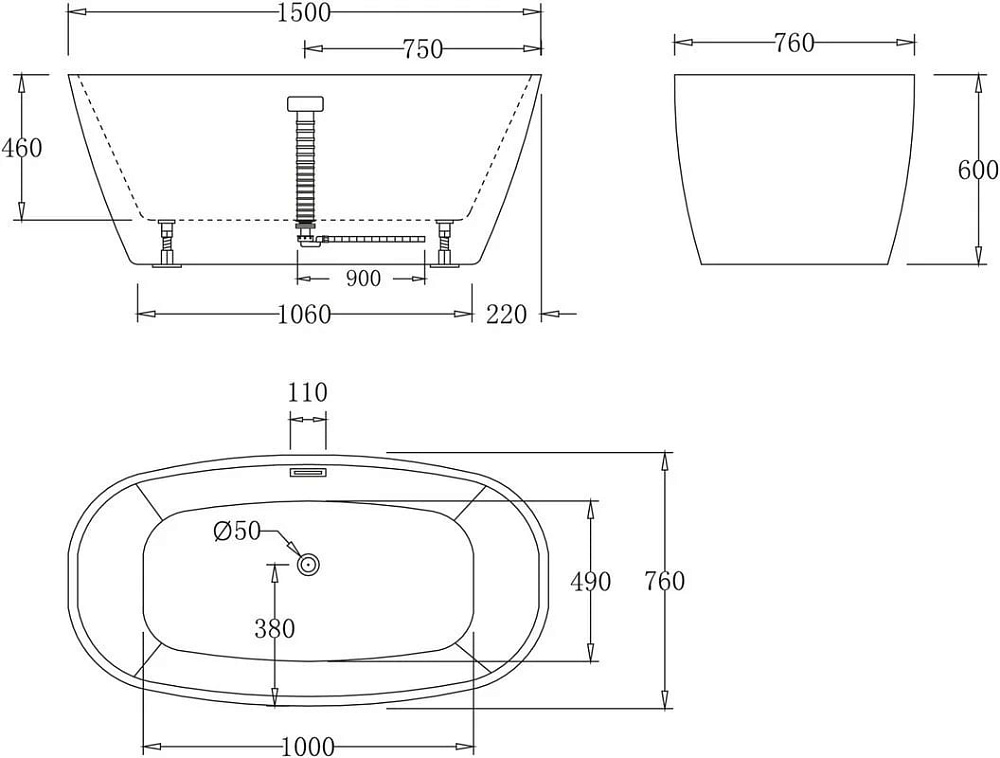 Акриловая ванна BelBagno 150x75 см, BB72-1500