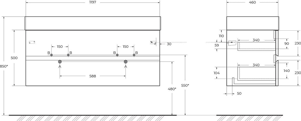 Тумба под раковину без столешницы Cezares Molveno 46-120-2C-SO-2-BG 46 120 bianco ghiaccio
