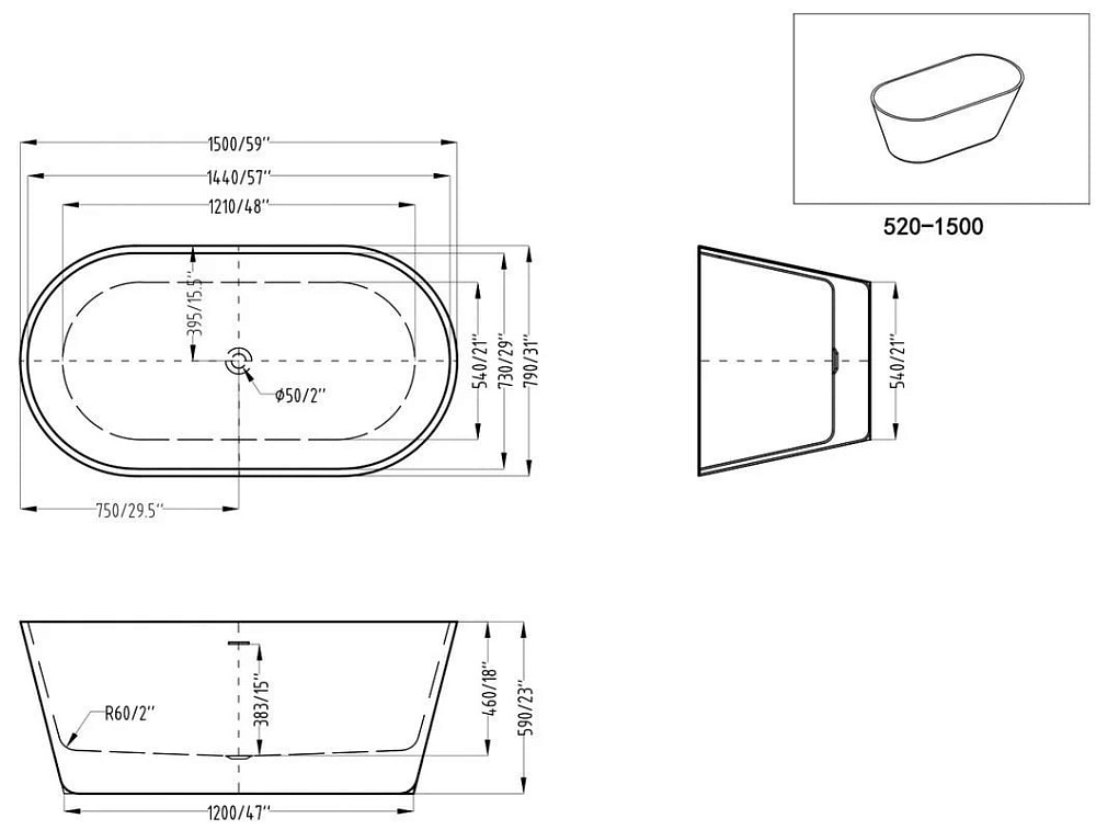 Акриловая ванна Art&Max 150x80 см, AM-520-1500-790