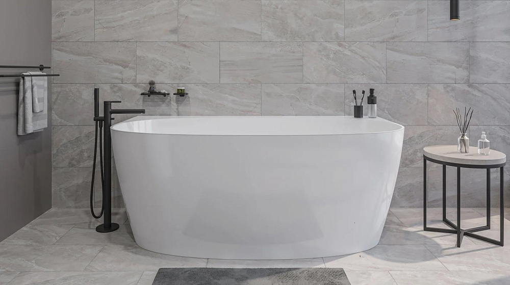 Ванна из искусственного камня WHITECROSS Pearl A 155x80 см, пристенная, белая, овальная, с донным кл
