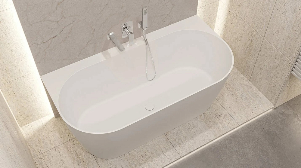 Ванна из искусственного камня WHITECROSS Pearl B 155x80 см, пристенная, матовая белая, овальная, с д