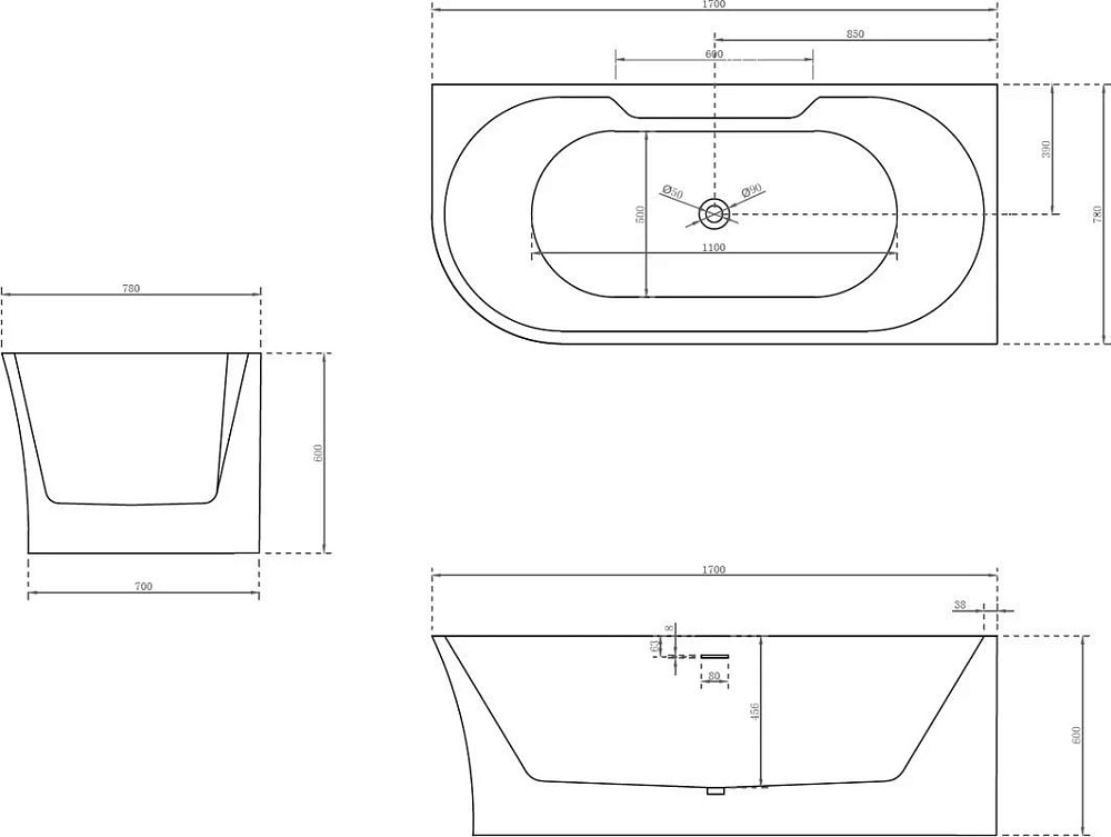 Акриловая ванна Abber 170x80 см, правая, AB9335-1.7 R