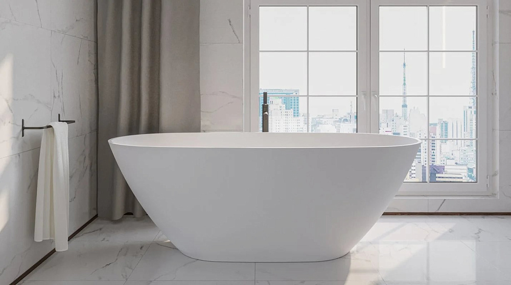 Ванна из искусственного камня WHITECROSS Onyx D 160x75 см, отдельностоящая, матовая белая, овальная,