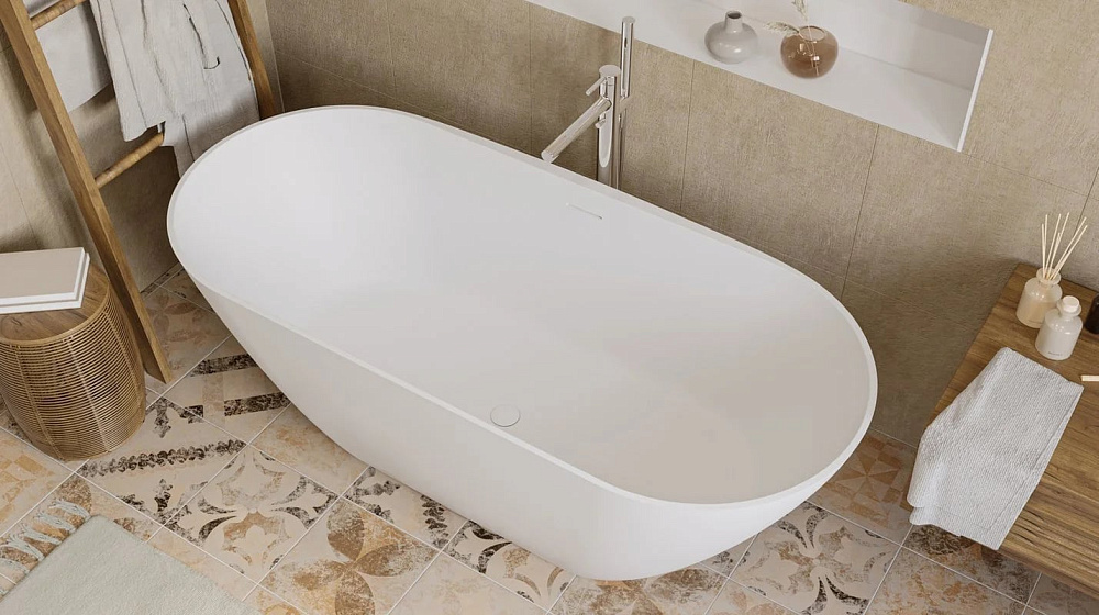 Ванна из искусственного камня WHITECROSS Coral X 170x75 см, отдельностоящая, матовая белая, овальная