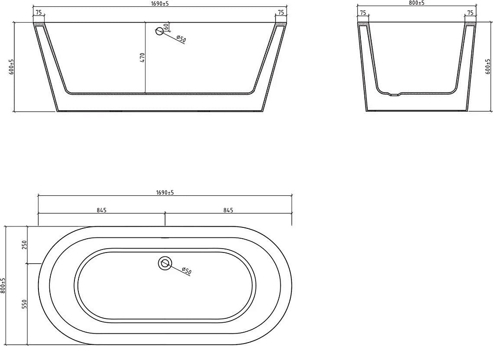 Акриловая ванна BelBagno 170x80 см, BB202-1700-800