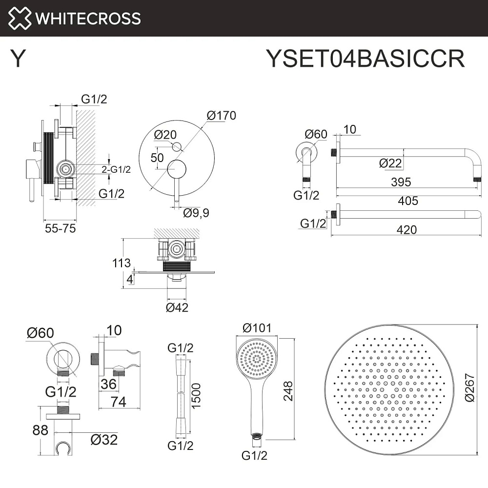 Душевой комплект WHITECROSS Y YSET04BASICCR, С ВНУТРЕННЕЙ ЧАСТЬЮ, хром