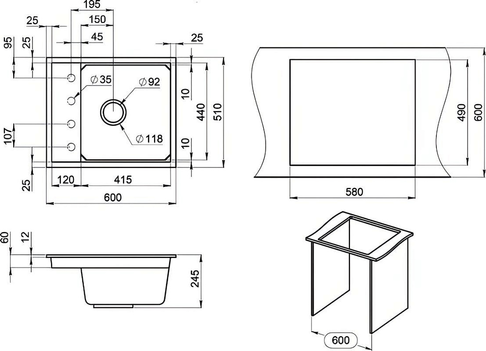 Мойка кухонная Granula Kitchen Space 6004, арктик