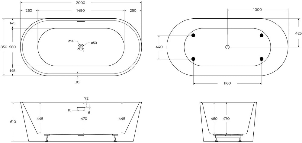 Акриловая ванна BelBagno 200x85 см, BB416-2000-850