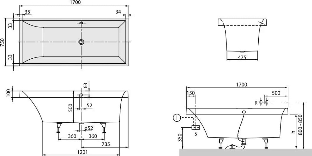 Акриловая ванна Villeroy & Boch Squaro UBQ170SQR2V-01 170x75 см, встраиваемая, цвет альпийский белый