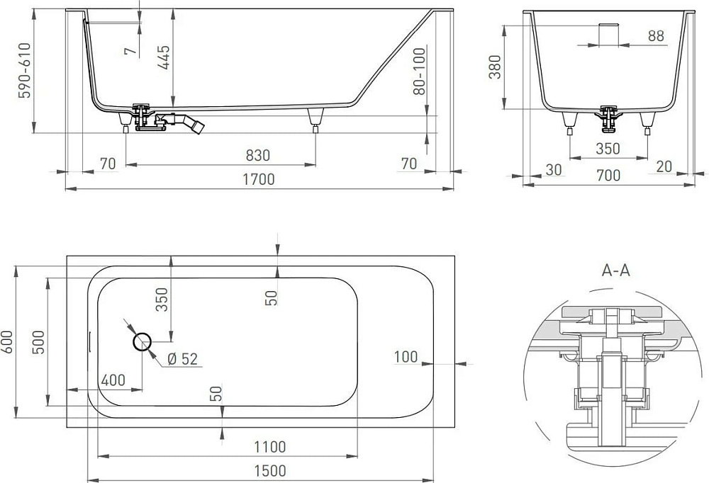 Ванна из искусственного камня Salini Orlanda Kit 170x70 см, встраиваемая, белая, со сливом-переливом