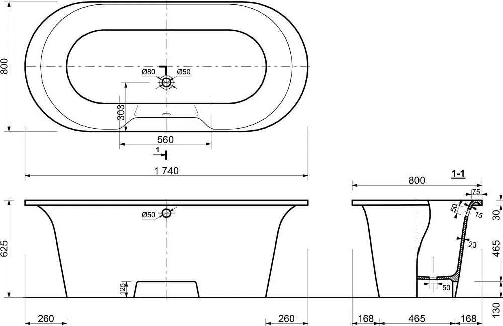 Ванна из искусственного камня Эстет Лион ФР-00000684 без опоры 175x80 см, отдельностоящая, белая, ов
