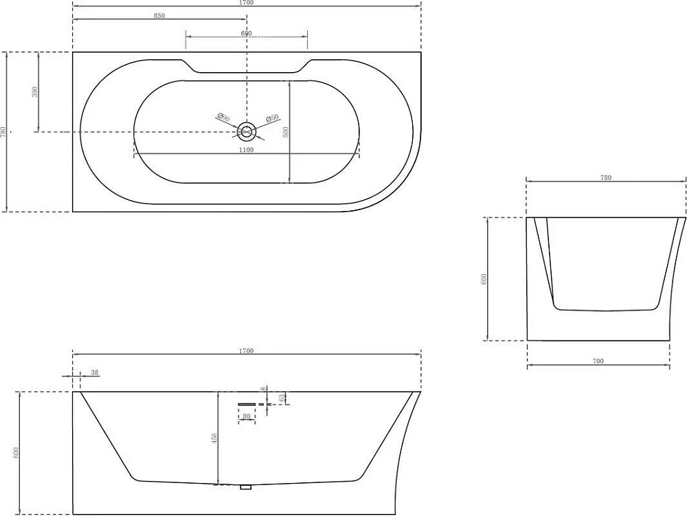 Акриловая ванна Abber 170x80 см, левая, AB9335-1.7 L