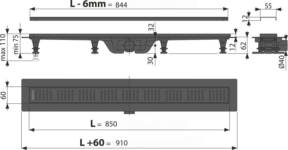 Душевой трап (лоток) AlcaPlast APZ10Black APZ10BLACK-850M, с решеткой и опорами
