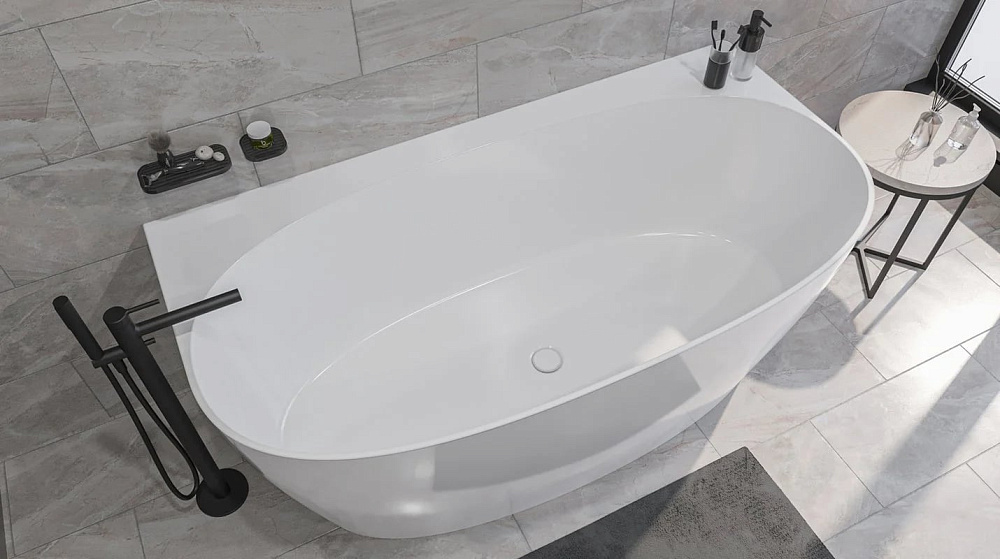 Ванна из искусственного камня WHITECROSS Pearl A 155x80 см, пристенная, белая, овальная, с донным кл