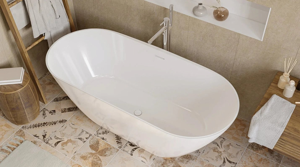 Ванна из искусственного камня WHITECROSS Coral X 170x75 см, отдельностоящая, белая, овальная, с донн