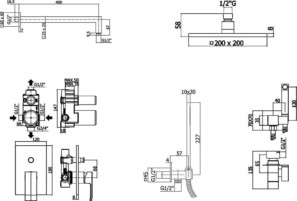 Комплект для ванной Paffoni Elle KITZEL015CR/M С ВНУТРЕННЕЙ ЧАСТЬЮ, верхний душ 20 см, хром
