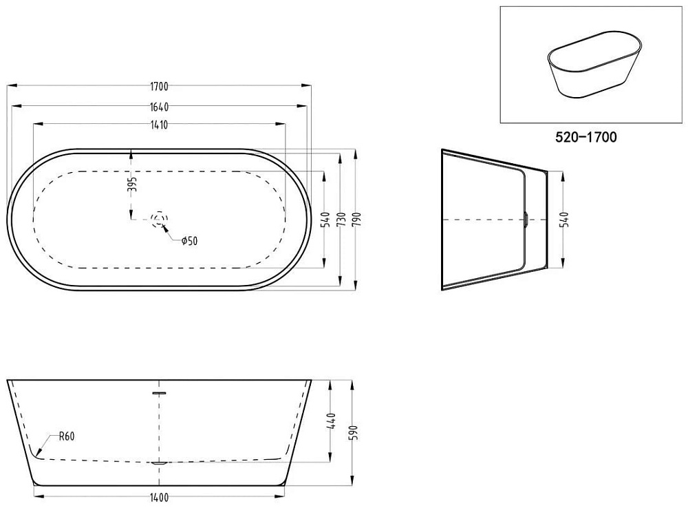 Акриловая ванна Art&Max 170x80 см, AM-520-1700-790
