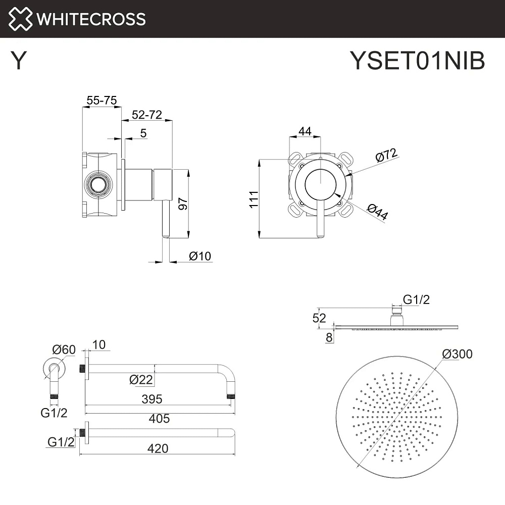 Душевой комплект WHITECROSS Y YSET01NIB С ВНУТРЕННЕЙ ЧАСТЬЮ, брашированный никель