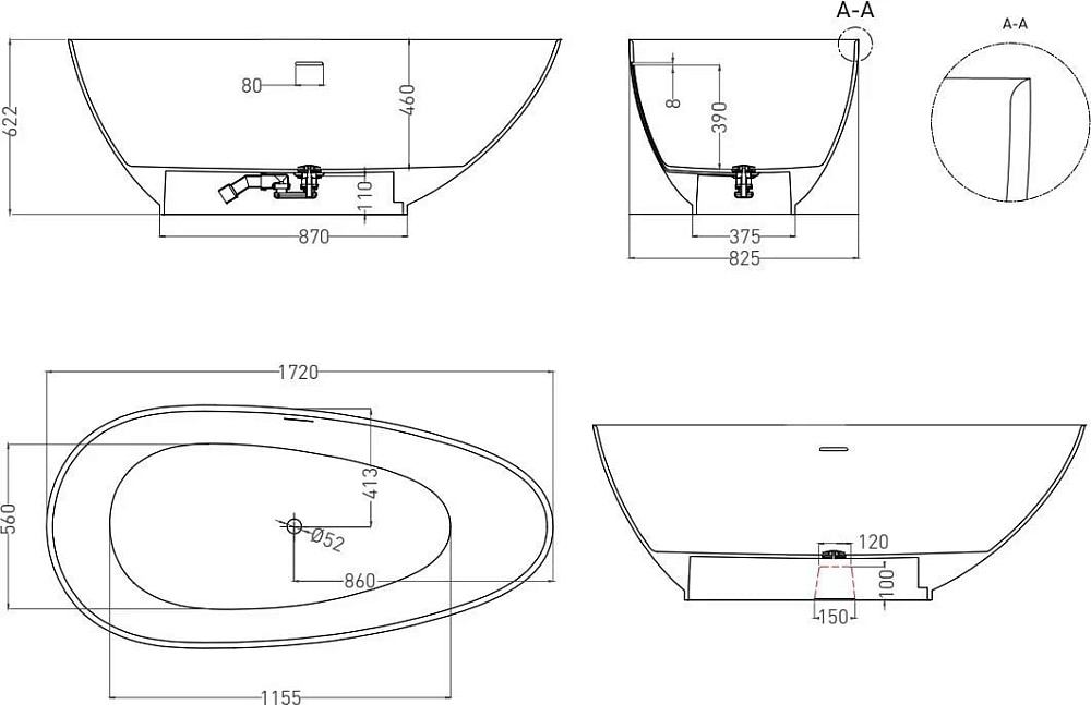 Ванна из искусственного камня Salini Paola 170x85 см, отдельностоящая, матовая белая, овальная, со с