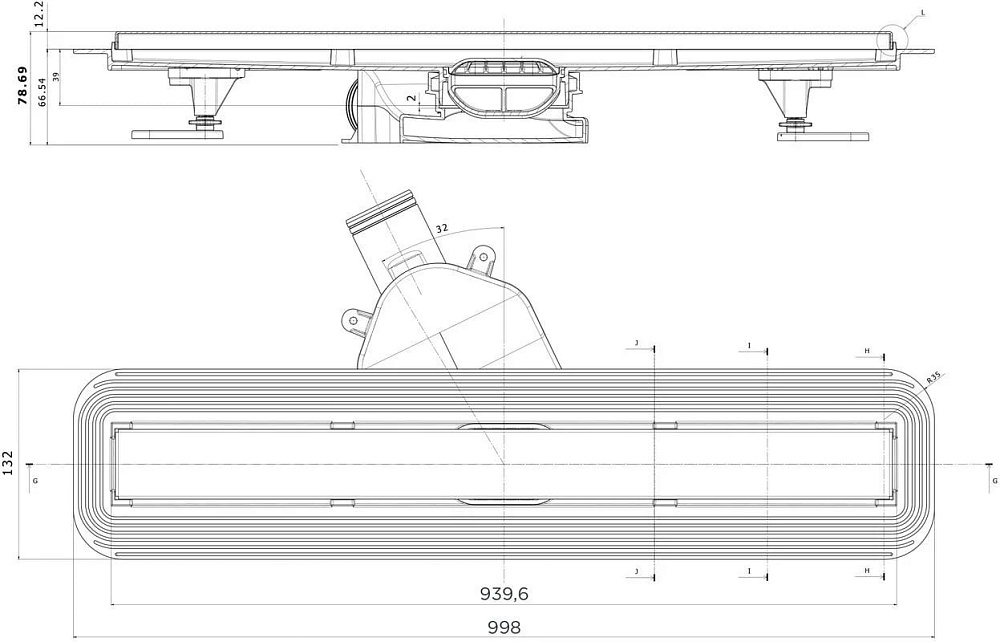 Душевой трап (лоток) BETTOSERB Frameless Line 950 черный матовый