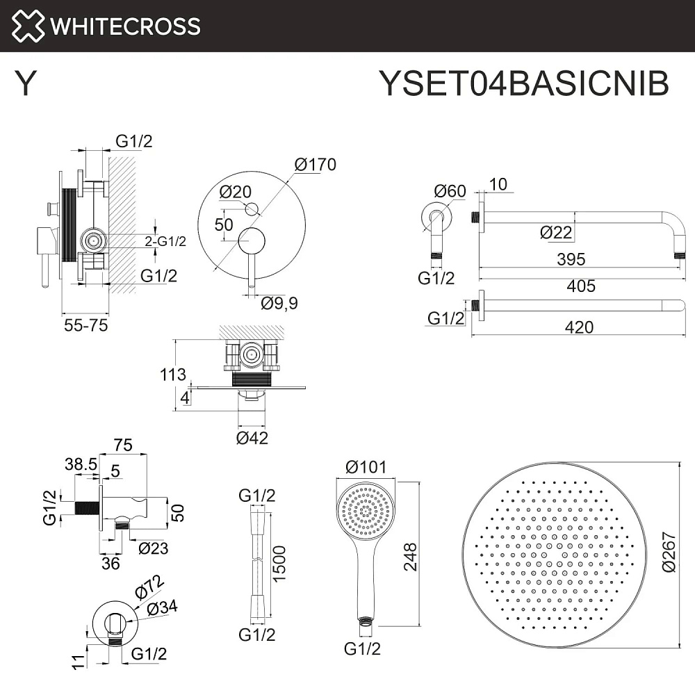 Душевой комплект WHITECROSS Y YSET04BASICNIB, С ВНУТРЕННЕЙ ЧАСТЬЮ, брашированный никель