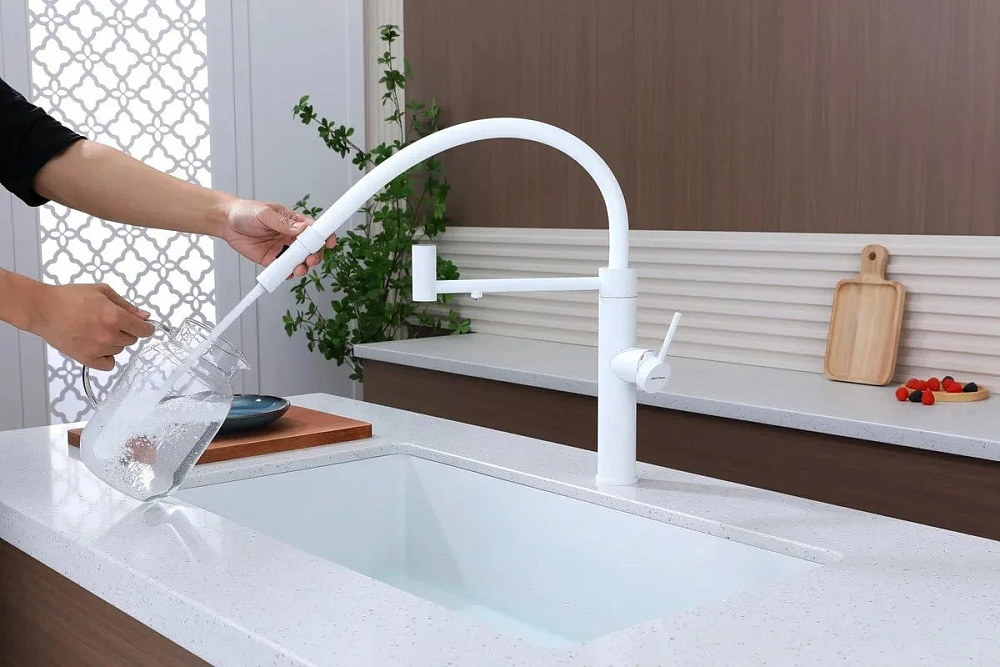 Смеситель для кухни Paulmark Ganymede Ga213199-WH с гибким изливом, белый матовый