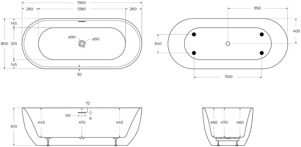 Акриловая ванна BelBagno 190x80 см, BB417-1900-800