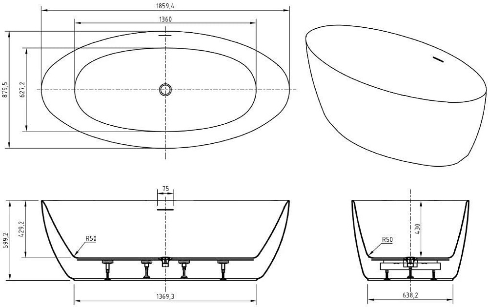 Акриловая ванна BelBagno 185x90 см, BB707-1860-880