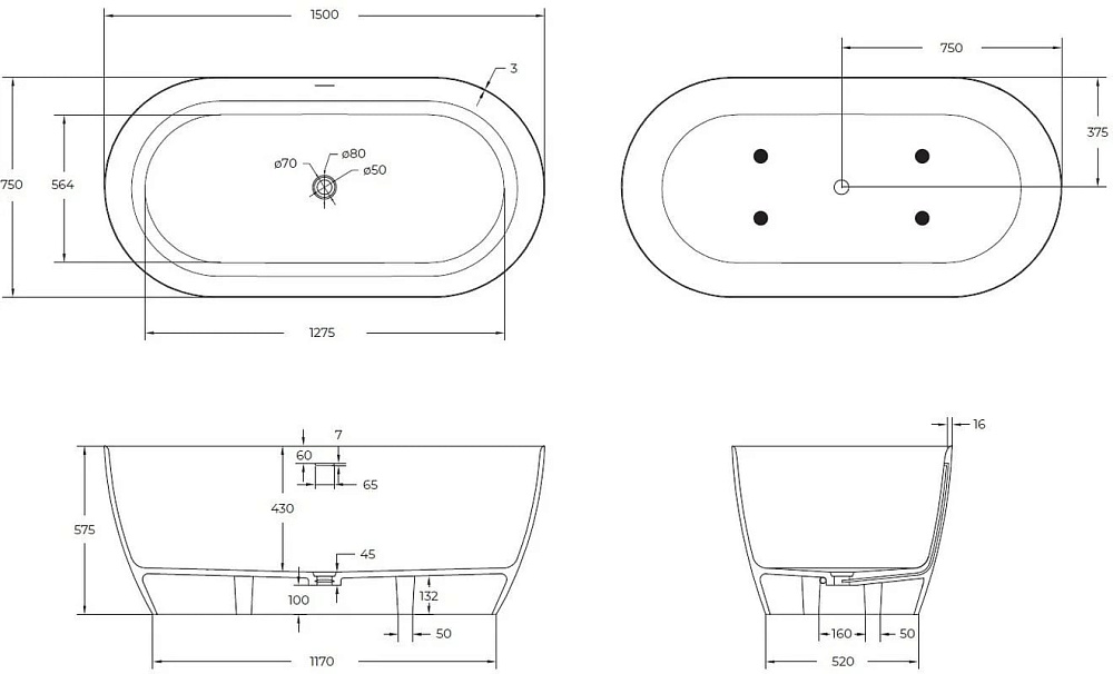 Ванна из искусственного камня Cezares Relax Solid Surface 150x75 см, отдельностоящая, матовая белая,